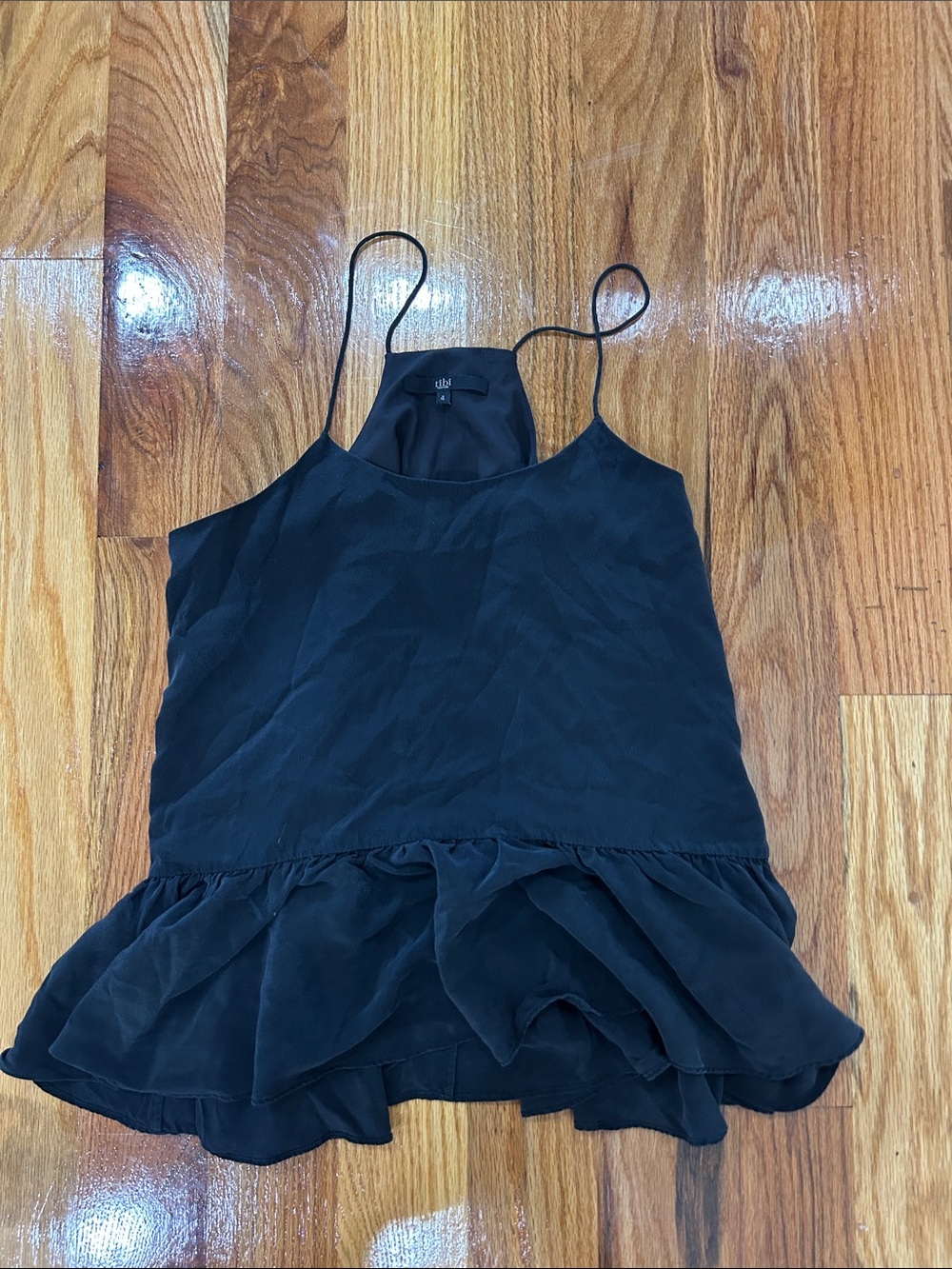 Tibi Black Ruffled Silk Cami Tank Top